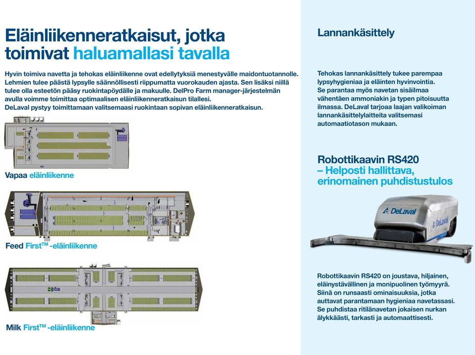 DelPro Farm manager-järjestelmän avulla voimme toimittaa optimaalisen eläinliikenneratkaisun tilallesi. DeLaval pystyy toimittamaan valitsemaasi ruokintaan sopivan eläinliikenneratkaisun.