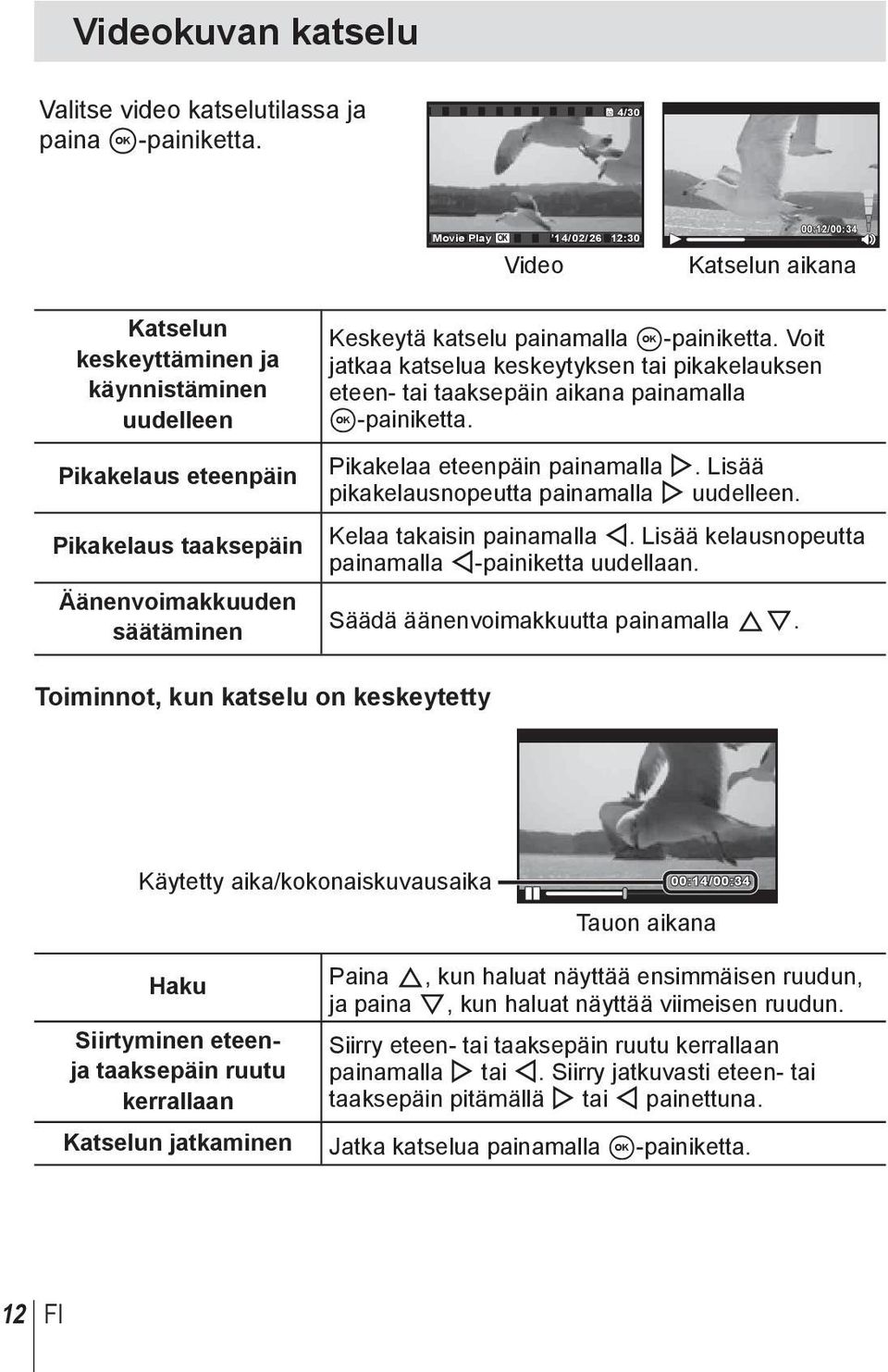 Keskeytä katselu painamalla A-painiketta. Voit jatkaa katselua keskeytyksen tai pikakelauksen eteen- tai taaksepäin aikana painamalla A-painiketta. Pikakelaa eteenpäin painamalla I.