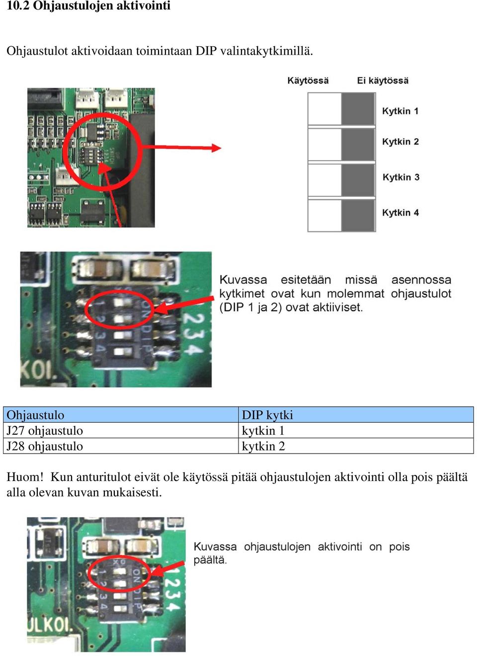 Ohjaustulo DIP kytki J27 ohjaustulo kytkin 1 J28 ohjaustulo kytkin 2