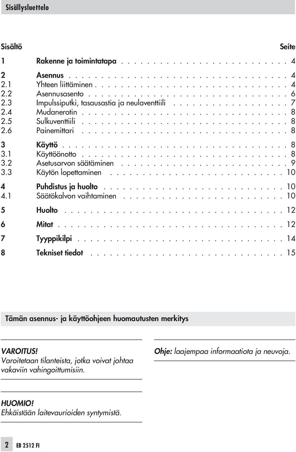 ............................... 8 3 Käyttö................................... 8 3.1 Käyttöönotto................................ 8 3.2 Asetusarvon säätäminen.......................... 9 3.