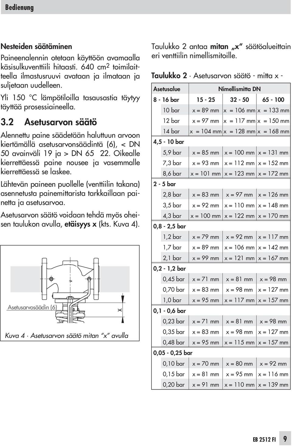 2 Asetusarvon säätö Alennettu paine säädetään haluttuun arvoon kiertämällä asetusarvonsäädintä (6), < DN 50 avainväli 19 ja > DN 65 22.