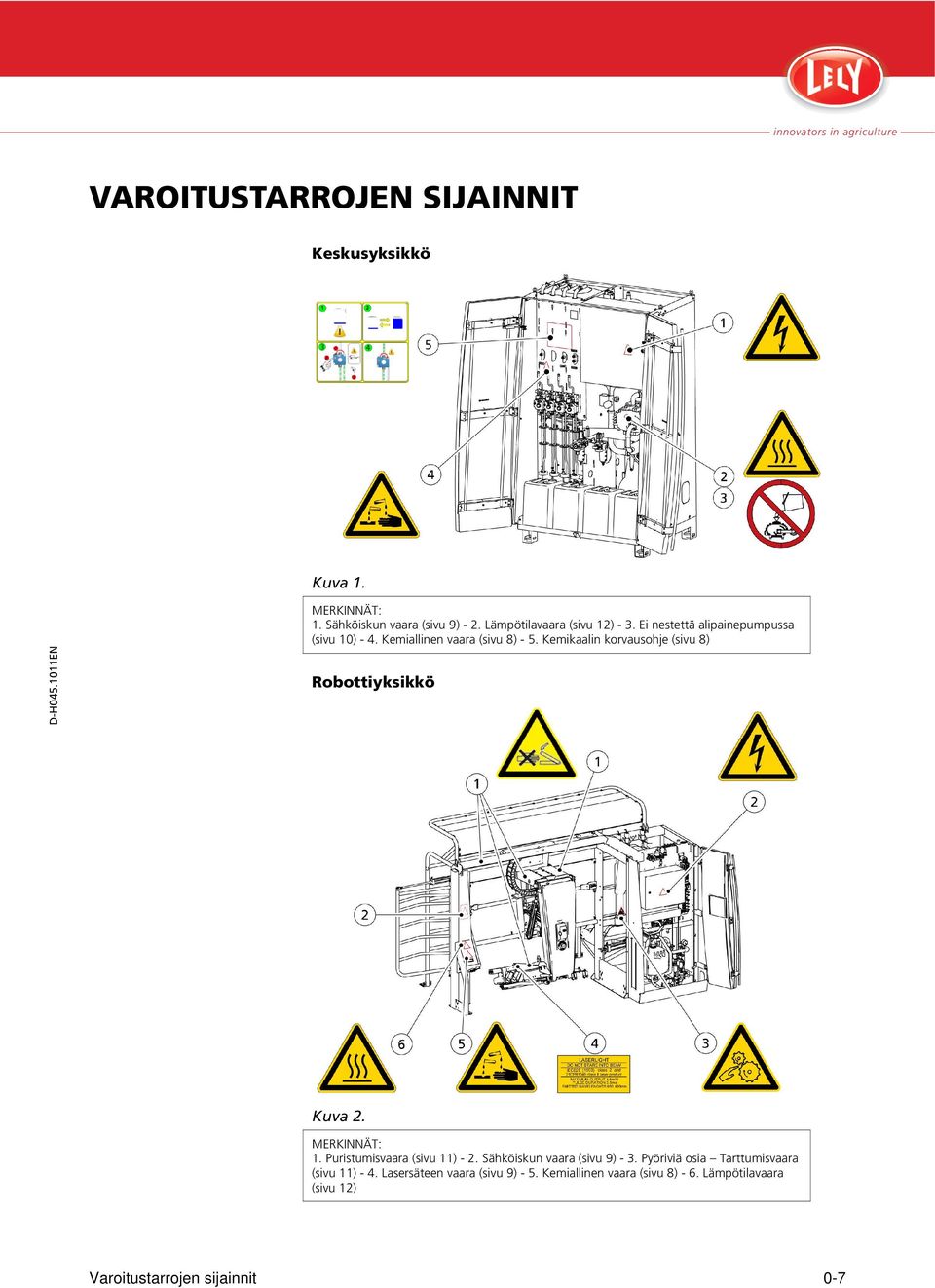 Kemikaalin korvausohje (sivu 8) Robottiyksikkö Kuva 2. MERKINNÄT: 1. Puristumisvaara (sivu 11) - 2. Sähköiskun vaara (sivu 9) - 3.