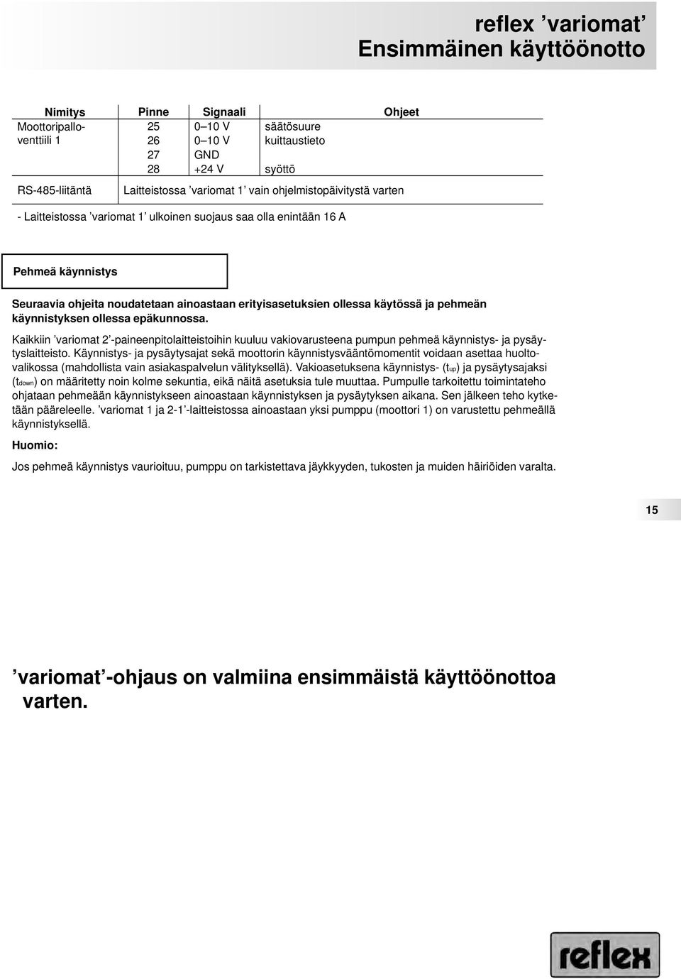 käynnistyksen ollessa epäkunnossa. Kaikkiin variomat 2 -paineenpitolaitteistoihin kuuluu vakiovarusteena pumpun pehmeä käynnistys- ja pysäytyslaitteisto.