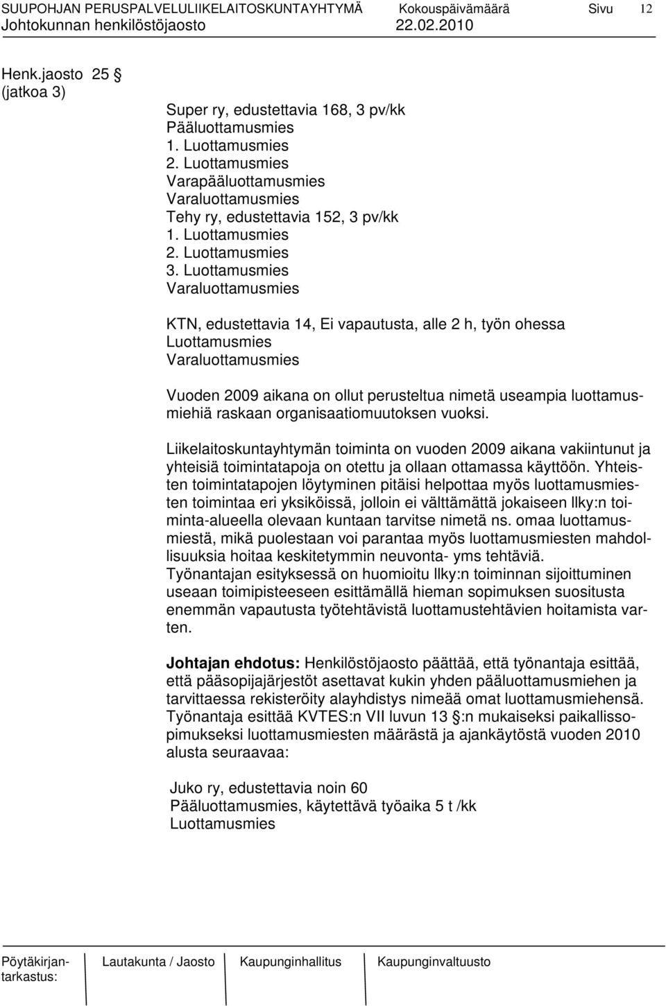 Luottamusmies Varaluottamusmies KTN, edustettavia 14, Ei vapautusta, alle 2 h, työn ohessa Luottamusmies Varaluottamusmies Vuoden 2009 aikana on ollut perusteltua nimetä useampia luottamusmiehiä