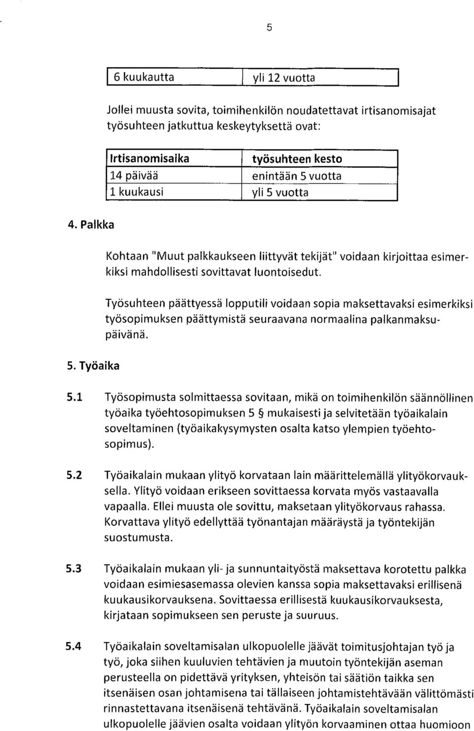 Työsuhteen päättyessä lopputili voidaan sopia maksettavaksi esimerkiksi työsopimuksen päättymistä seuraavana normaalina palkanmaksupäivänä. 5. Työaika 5.