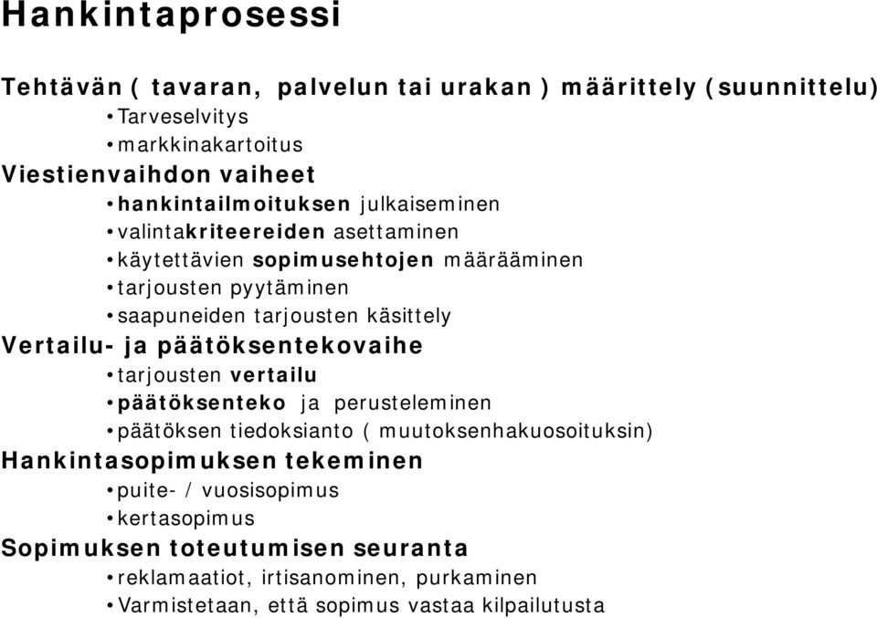 käsittely Vertailu- ja päätöksentekovaihe tarjousten vertailu päätöksenteko ja perusteleminen päätöksen tiedoksianto ( muutoksenhakuosoituksin)