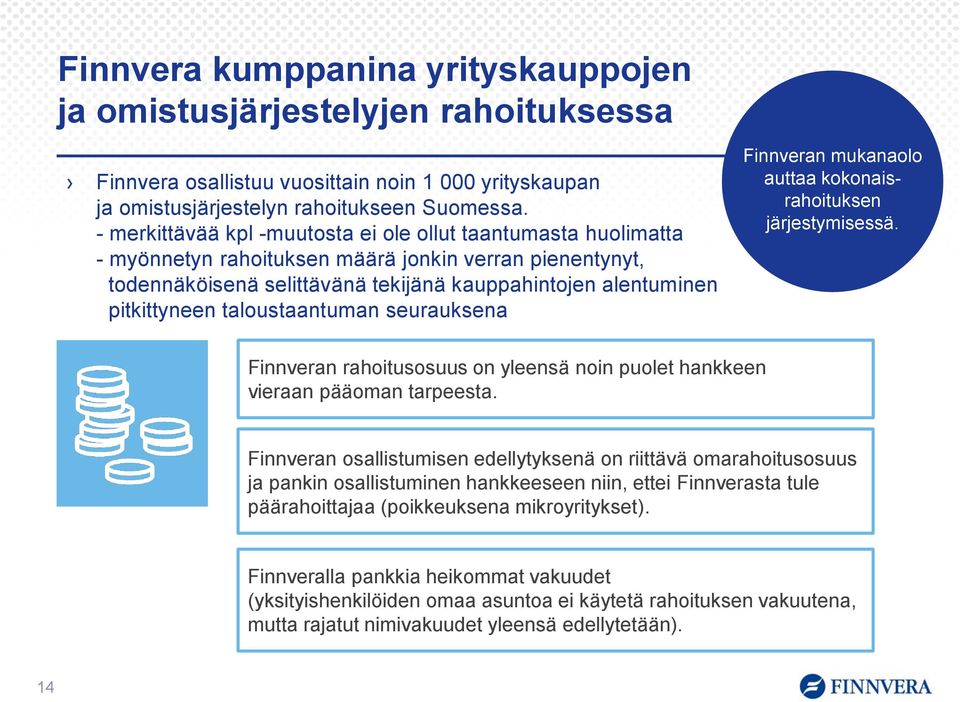 taloustaantuman seurauksena Finnveran mukanaolo auttaa kokonaisrahoituksen järjestymisessä. Finnveran rahoitusosuus on yleensä noin puolet hankkeen vieraan pääoman tarpeesta.