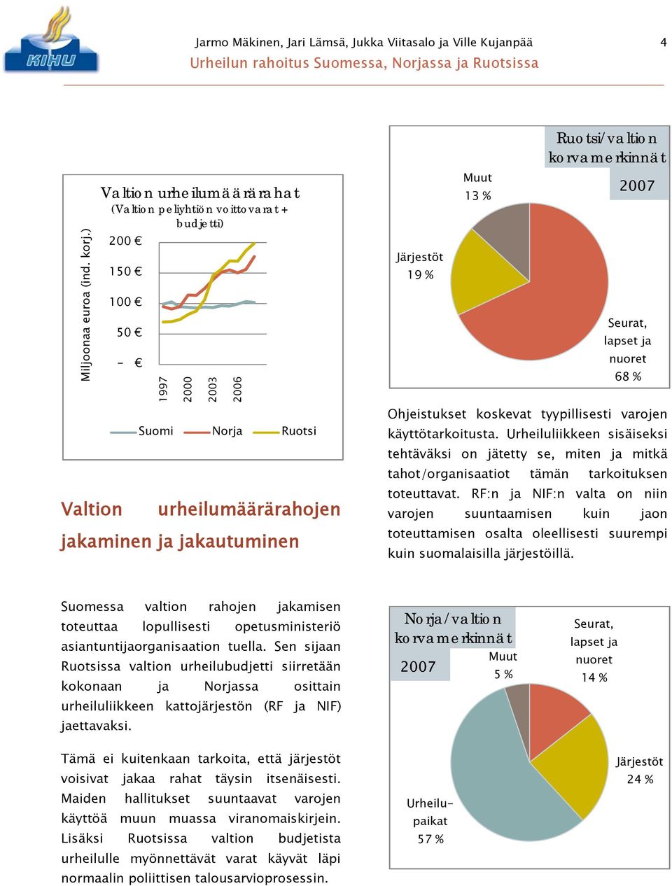 13 % Ruotsi/valtion korvamerkinnät 2007 Seurat, lapset ja nuoret 68 % Ohjeistukset koskevat tyypillisesti varojen käyttötarkoitusta.