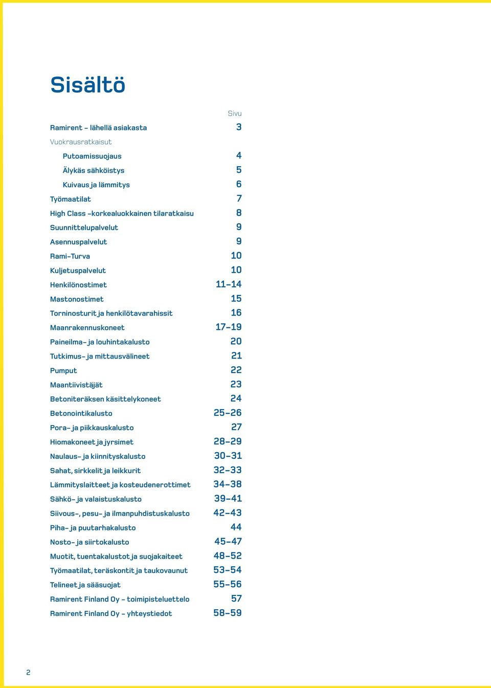 Tutkimus- ja mittausvälineet 21 Pumput 22 Maantiivistäjät 23 Betoniteräksen käsittelykoneet 24 Betonointikalusto 25-26 Pora- ja piikkauskalusto 27 Hiomakoneet ja jyrsimet 28-29 Naulaus- ja