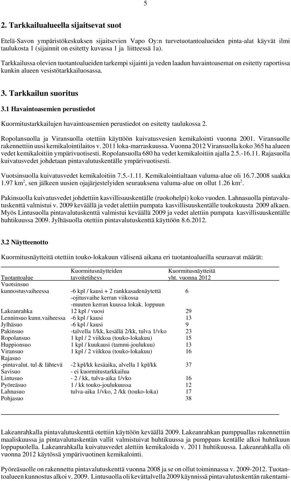 1 Havaintoasemien perustiedot Kuormitustarkkailujen havaintoasemien perustiedot on esitetty taulukossa 2. Ropolansuolla ja Viransuolla otettiin käyttöön kuivatusvesien kemikalointi vuonna 2001.