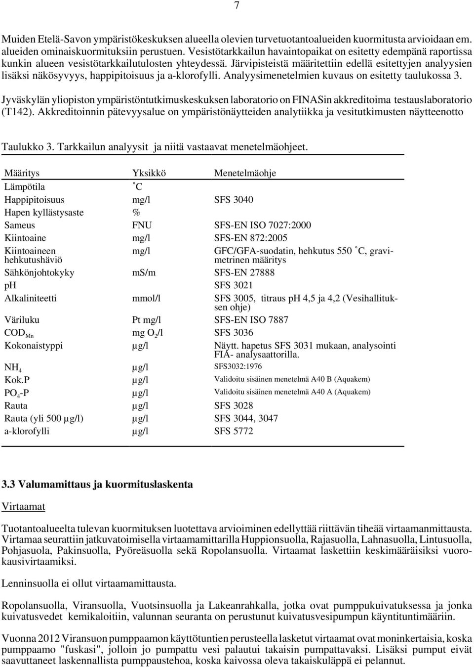 Järvipisteistä määritettiin edellä esitettyjen analyysien lisäksi näkösyvyys, happipitoisuus ja a-klorofylli. Analyysimenetelmien kuvaus on esitetty taulukossa 3.