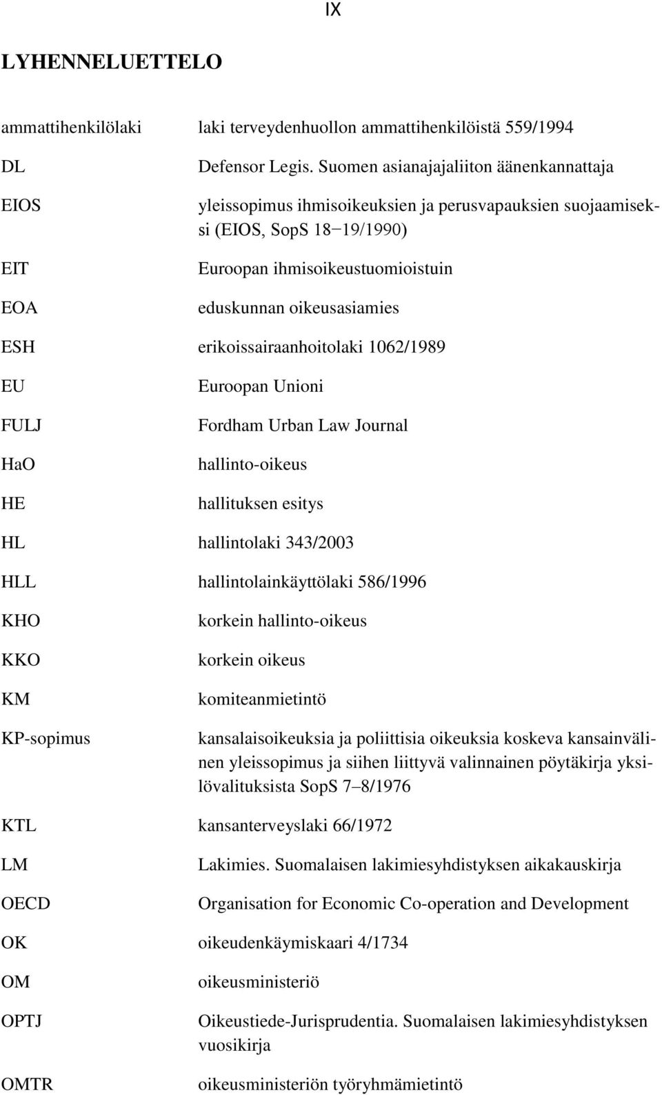 erikoissairaanhoitolaki 1062/1989 EU FULJ HaO HE Euroopan Unioni Fordham Urban Law Journal hallinto-oikeus hallituksen esitys HL hallintolaki 343/2003 HLL hallintolainkäyttölaki 586/1996 KHO KKO KM