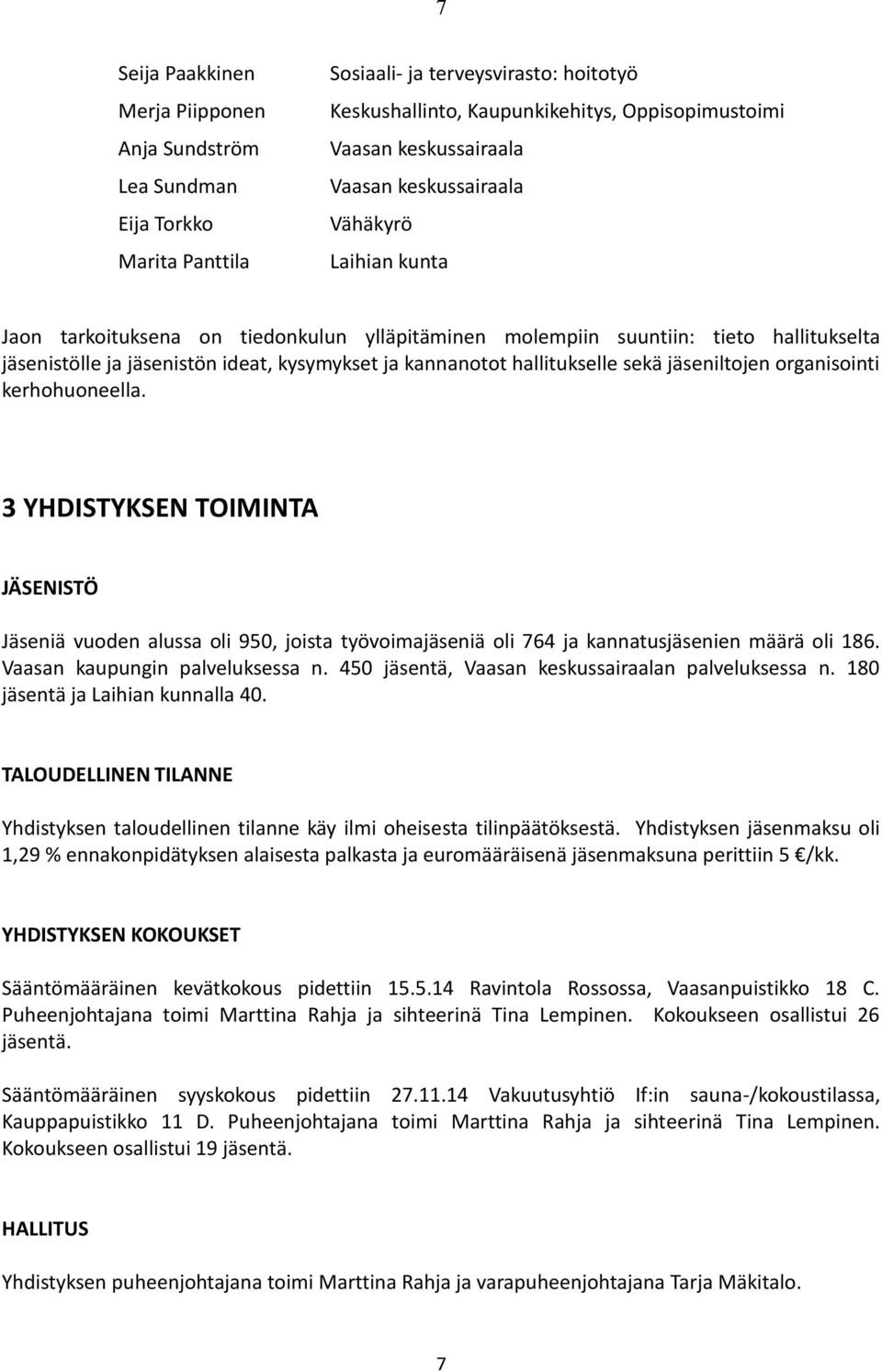 hallitukselle sekä jäseniltojen organisointi kerhohuoneella. 3 YHDISTYKSEN TOIMINTA JÄSENISTÖ Jäseniä vuoden alussa oli 950, joista työvoimajäseniä oli 764 ja kannatusjäsenien määrä oli 186.