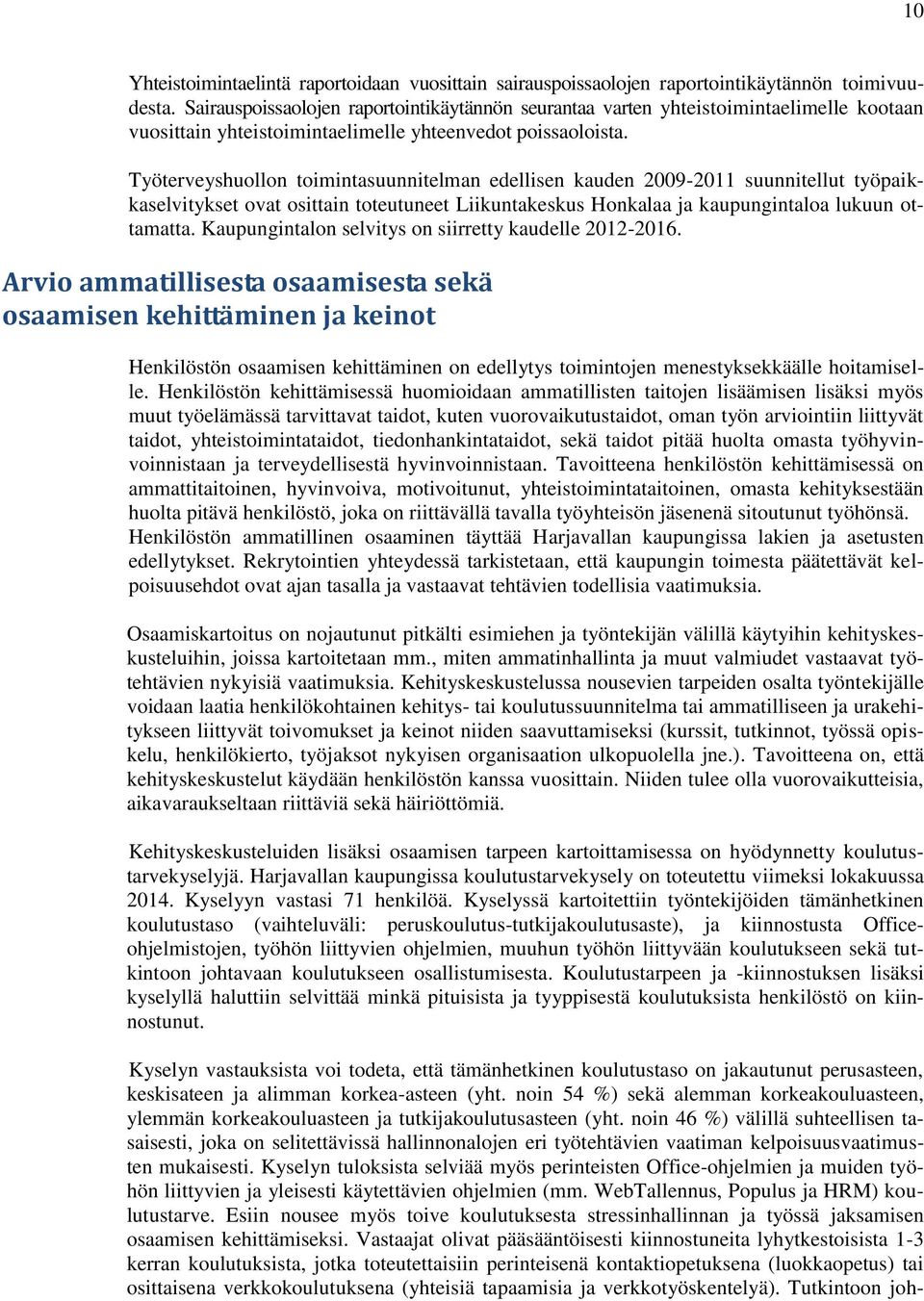 Työterveyshuollon toimintasuunnitelman edellisen kauden 2009-20 suunnitellut työpaikkaselvitykset ovat osittain toteutuneet Liikuntakeskus Honkalaa ja kaupungintaloa lukuun ottamatta.