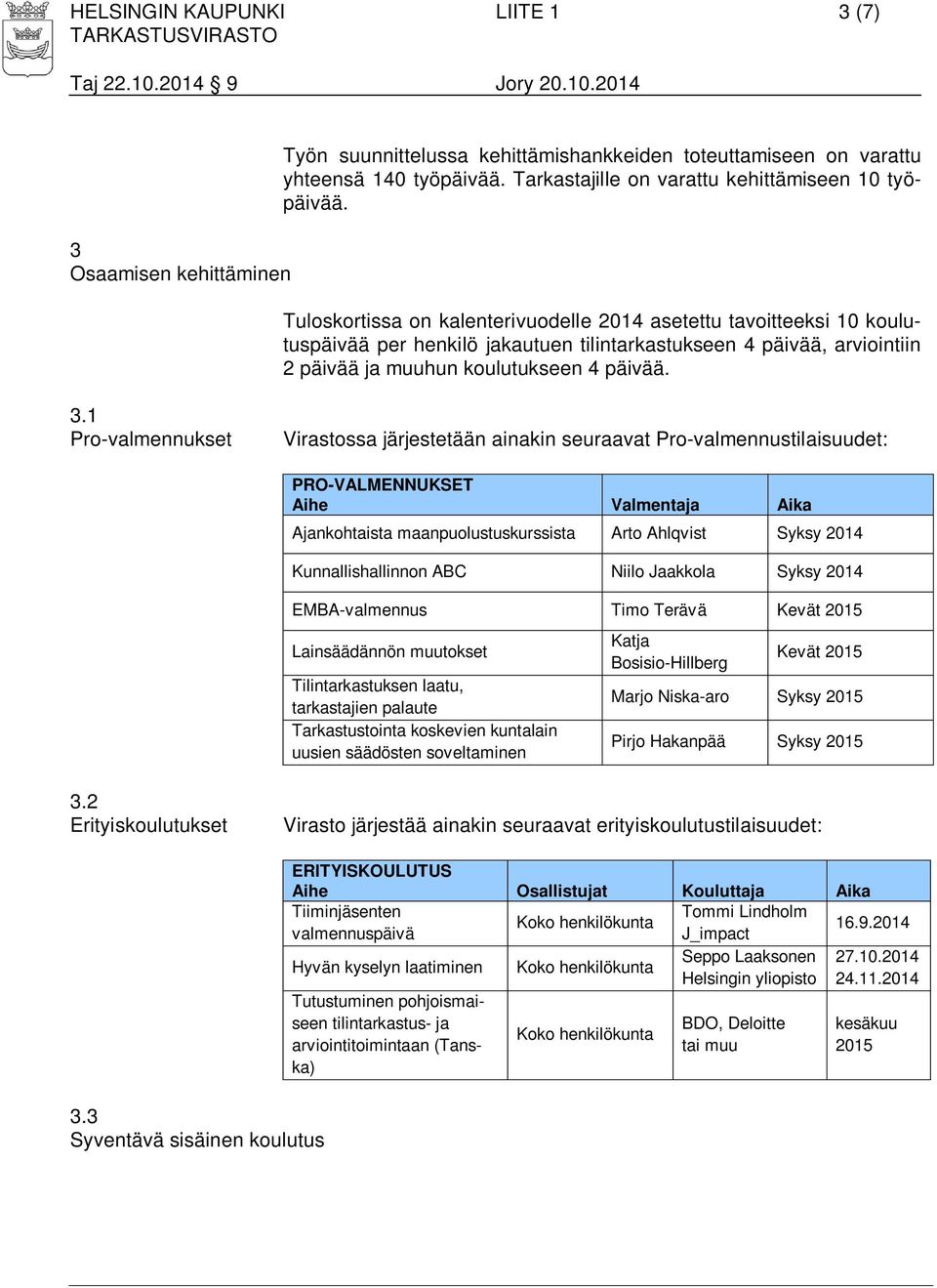 Tuloskortissa on kalenterivuodelle 2014 asetettu tavoitteeksi 10 koulutuspäivää per henkilö jakautuen tilintarkastukseen 4 päivää, arviointiin 2 päivää ja muuhun koulutukseen 4 päivää. 3.