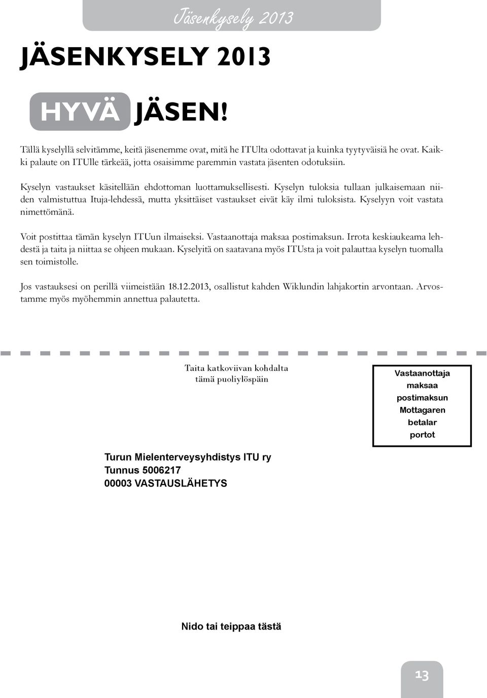 Kyselyn tuloksia tullaan julkaisemaan niiden valmistuttua Ituja-lehdessä, mutta yksittäiset vastaukset eivät käy ilmi tuloksista. Kyselyyn voit vastata nimettömänä.