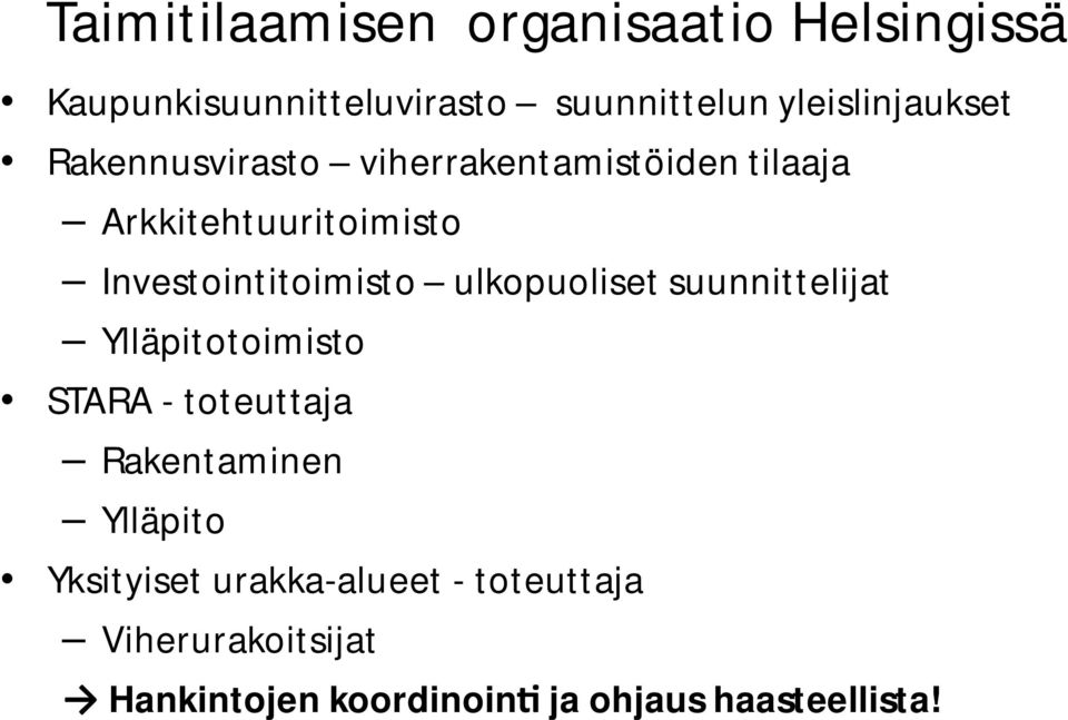 Investointitoimisto ulkopuoliset suunnittelijat Ylläpitotoimisto STARA - toteuttaja