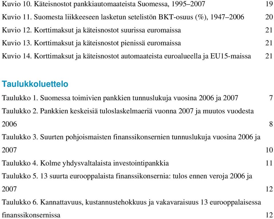 Korttimaksut ja käteisnostot automaateista euroalueella ja EU15-maissa 21 Taulukkoluettelo Taulukko 1. Suomessa toimivien pankkien tunnuslukuja vuosina 2006 ja 2007 7 Taulukko 2.