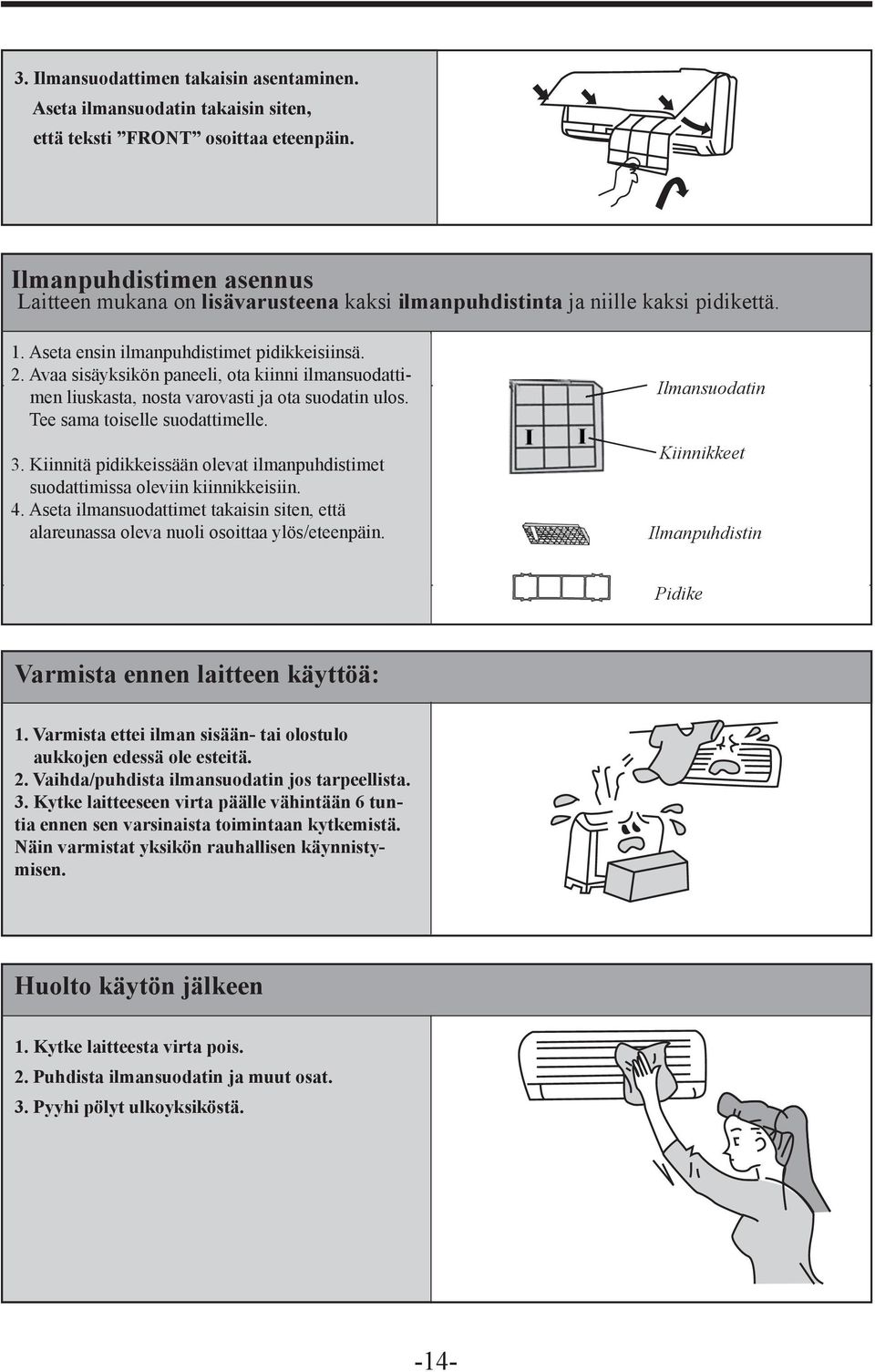 Avaa sisäyksikön paneeli, ota kiinni ilmansuodattimen liuskasta, nosta varovasti ja ota suodatin ulos. Tee sama toiselle suodattimelle. (ks. Käyttäjän opas s.14) 3.