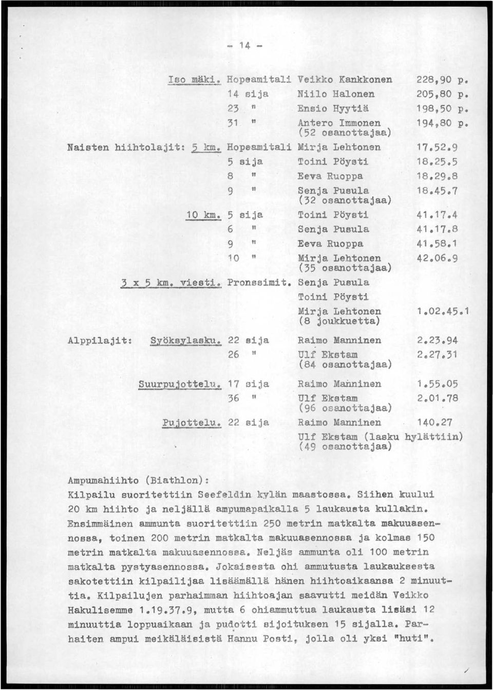 58.1 10 " Mirja Lehtonen 42.06.9 (35 osanottajaa) 3 x 5 km. viesti. Pronssimit. Senja Pusula Toini Pöysti Mirja Lehtonen 1.02.45.1 (8 joukkuetta) Alppilajit: Slöks~lasku. 22 sija Raimo Manninen 2.23.