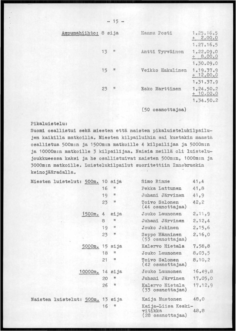 Miesten kilpailuihin sa~ kustakin maastå osallistua 500m:n ja 1500m:n matkoille 4 kilpailijaa ja 5000m:n ja 10000m:n matkoille 3 kilpailijaa.