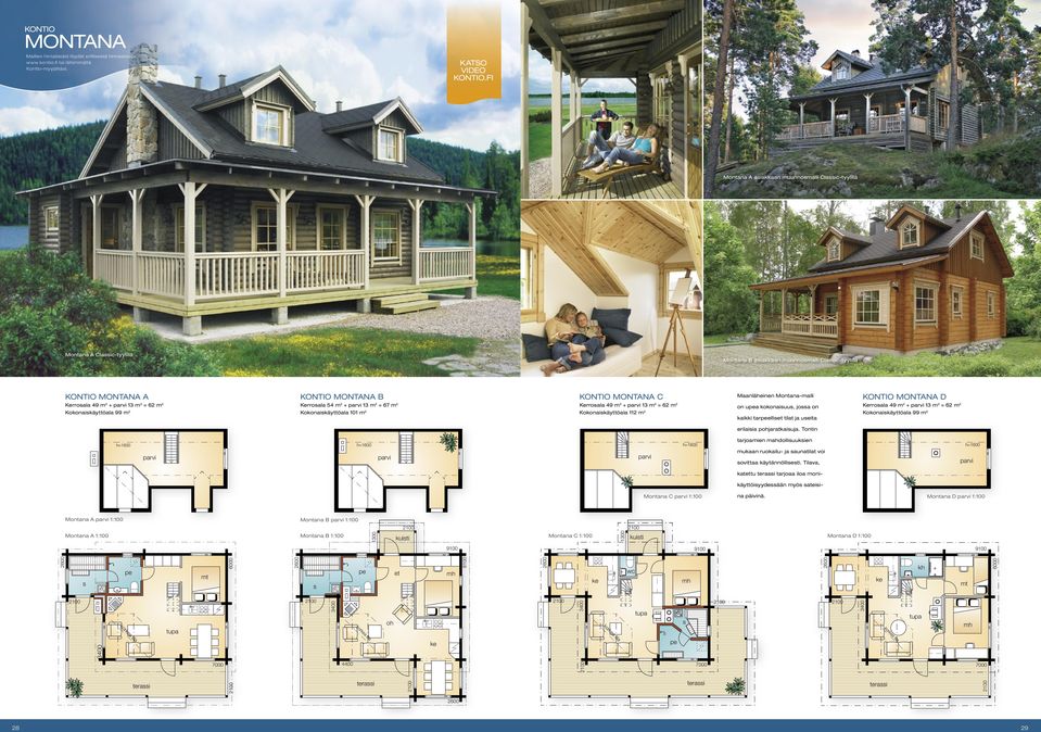 Kerroala 54 m 2 + 13 m 2 = 67 m 2 Kokonaikäyttöala 101 m 2 MONTANA C Kerroala 49 m 2 + 13 m 2 = 62 m 2 Kokonaikäyttöala 112 m 2 Maanläheinen Montana-malli on ua kokonaiuu, joa on kaikki tarelli tilat