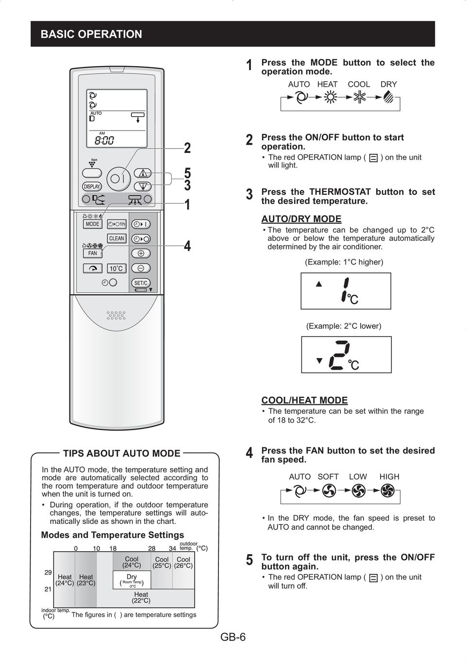 (Example: C higher) (Example: C lower) COOL/HEAT MODE The temperature can be set within the range of 8 to C.