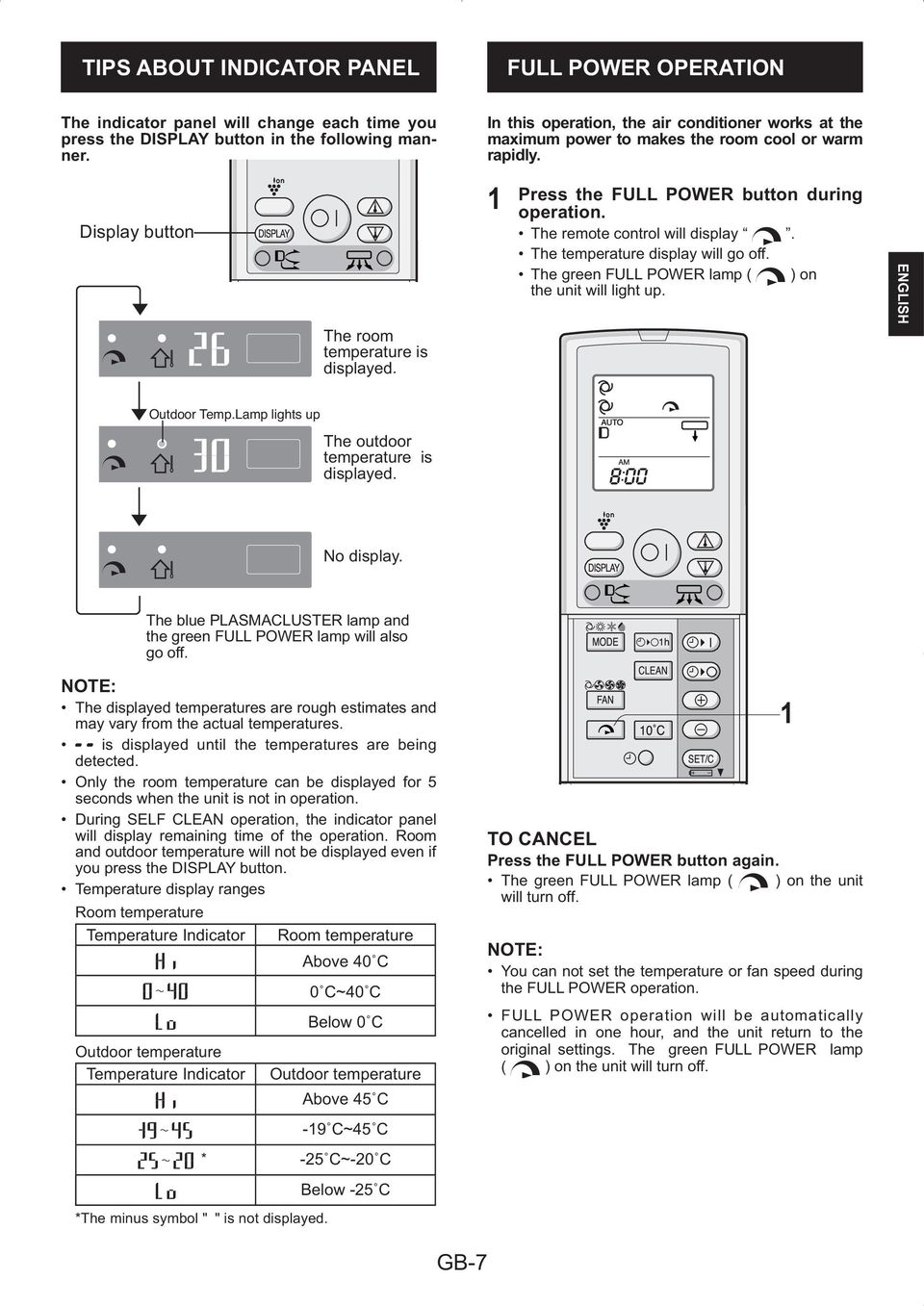 The temperature display will go off. The green FULL POWER lamp ( ) on the unit will light up. ENGLISH Outdoor Temp.Lamp lights up The outdoor temperature is displayed. No display.