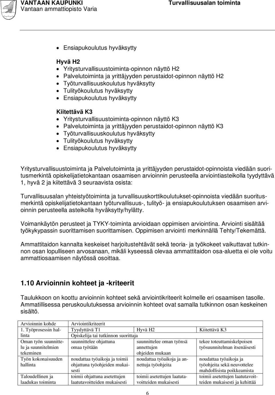 Tulityökoulutus hyväksytty Ensiapukoulutus hyväksytty Yritysturvallisuustoiminta ja Palvelutoiminta ja yrittäjyyden perustaidot-opinnoista viedään suoritusmerkintä opiskelijatietokantaan osaamisen