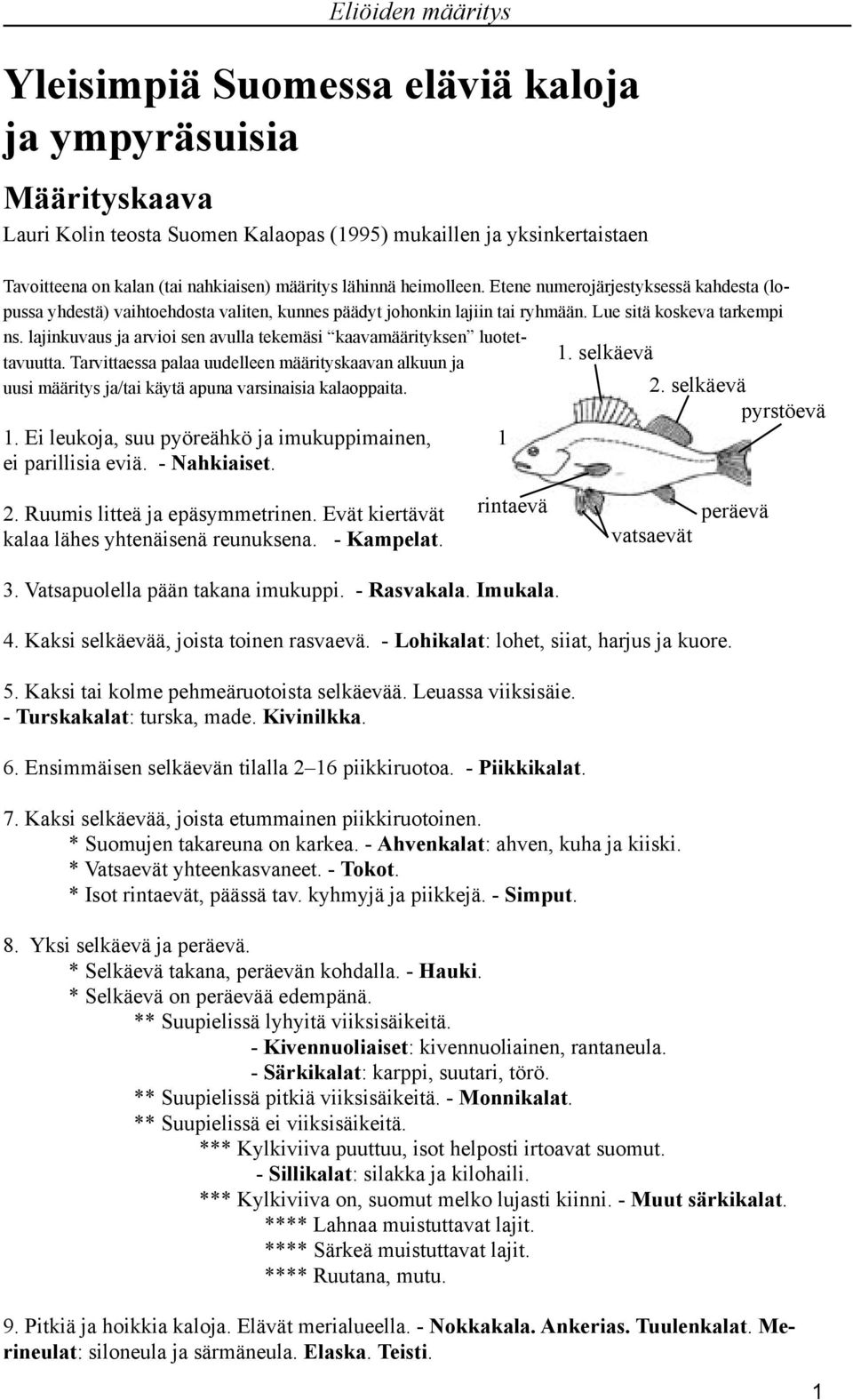 lajinkuvaus ja arvioi sen avulla tekemäsi kaavamäärityksen luotettavuutta. Tarvittaessa palaa uudelleen määrityskaavan alkuun ja uusi määritys ja/tai käytä apuna varsinaisia kalaoppaita. 1.