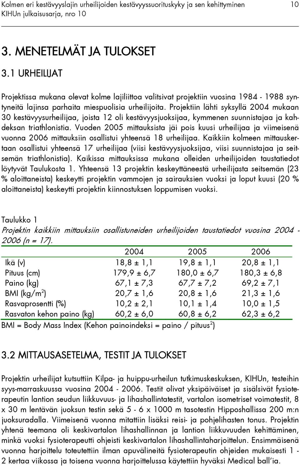 Vuoden 2005 mittauksista jäi pois kuusi urheilijaa ja viimeisenä vuonna 2006 mittauksiin osallistui yhteensä 18 urheilijaa.