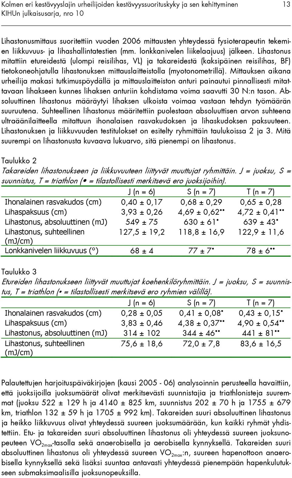 Mittauksen aikana urheilija makasi tutkimuspöydällä ja mittauslaitteiston anturi painautui pinnallisesti mitattavaan lihakseen kunnes lihaksen anturiin kohdistama voima saavutti 30 N:n tason.