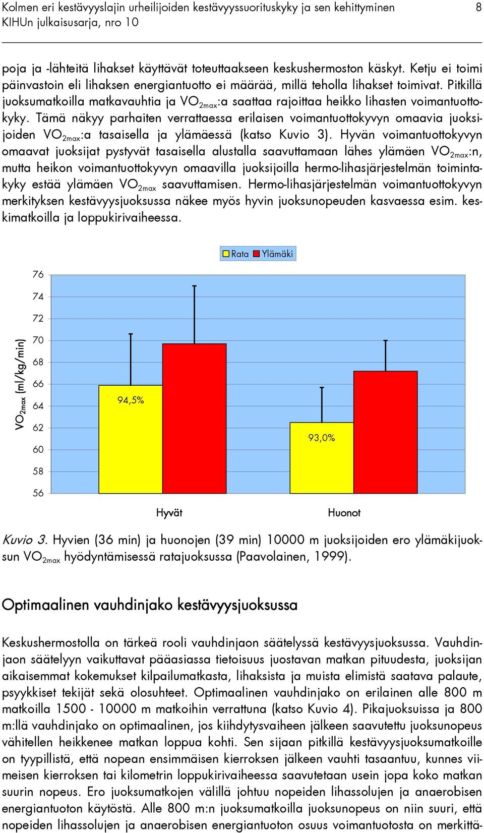 Tämä näkyy parhaiten verrattaessa erilaisen voimantuottokyvyn omaavia juoksijoiden VO 2max :a tasaisella ja ylämäessä (katso Kuvio 3).