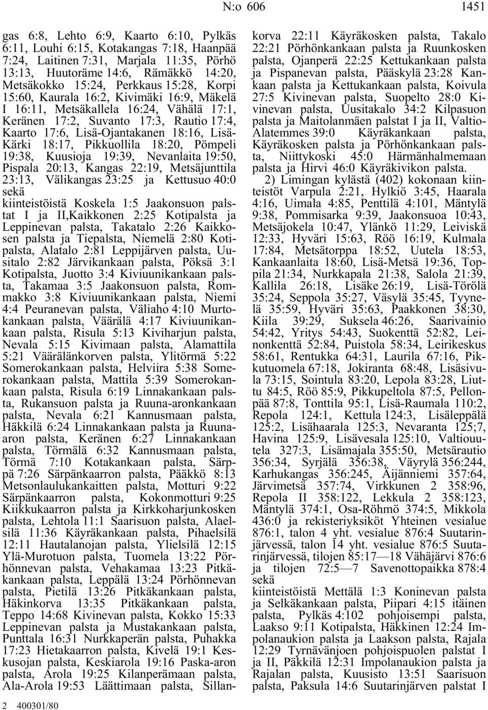 Kärki 18:17, Pikkuollila 18:20, Pömpeli 19:38, Kuusioja 19:39, Nevanlaita 19:50, Pispala 20:13, Kangas 22:19, Metsäjunttila 23:13, Välikangas 23:25 ja Kettusuo 40:0 sekä kiinteistöistä Koskela 1:5