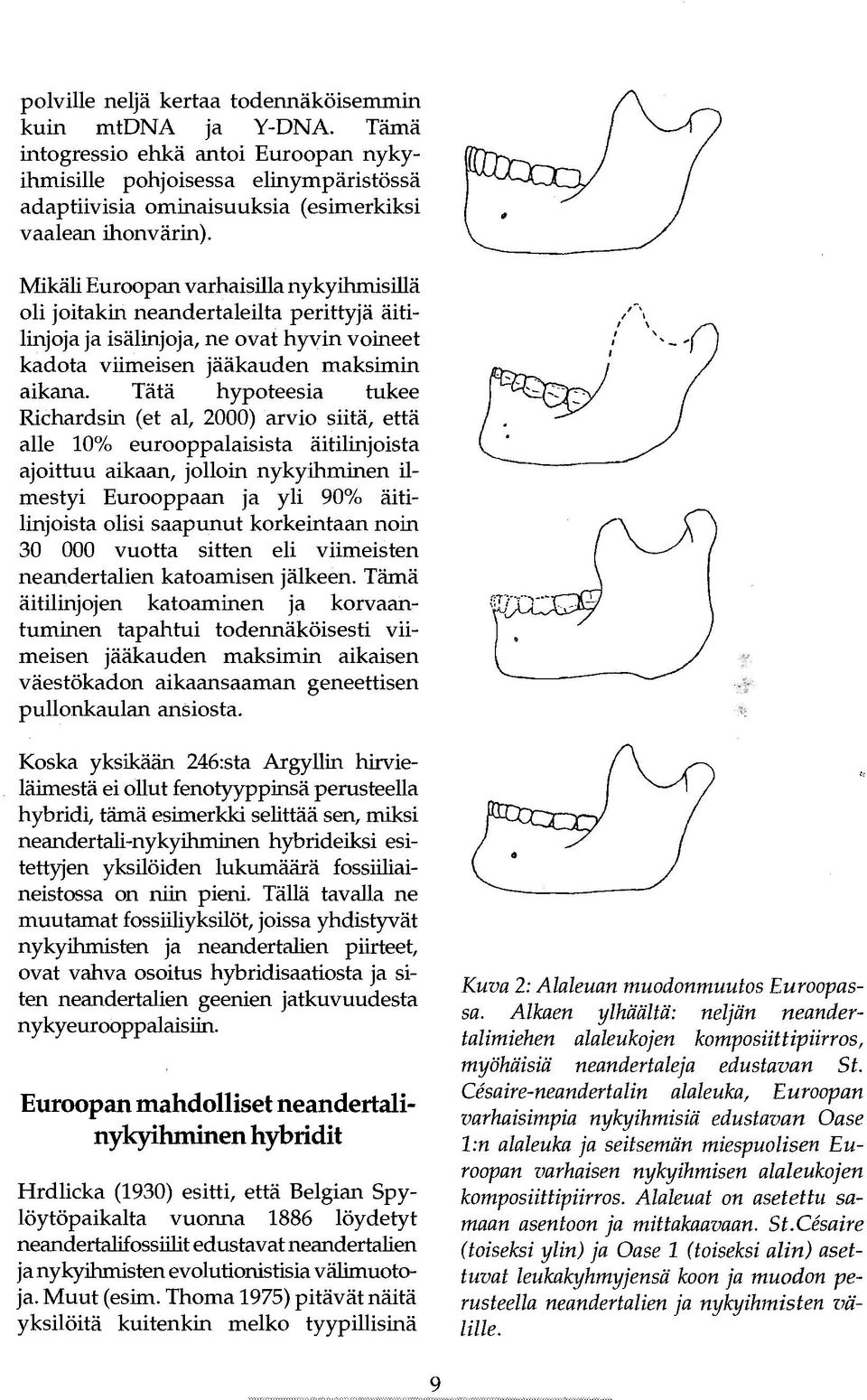 Tätä hypoteesia tukee Richardsin (et al, 2000) arvio siitä, että alle 10% eurooppalaisista äitilinjoista ajoittuu aikaan, jolloin nykyihminen ilmestyi Eurooppaan ja yli 90% äitilinjoista olisi