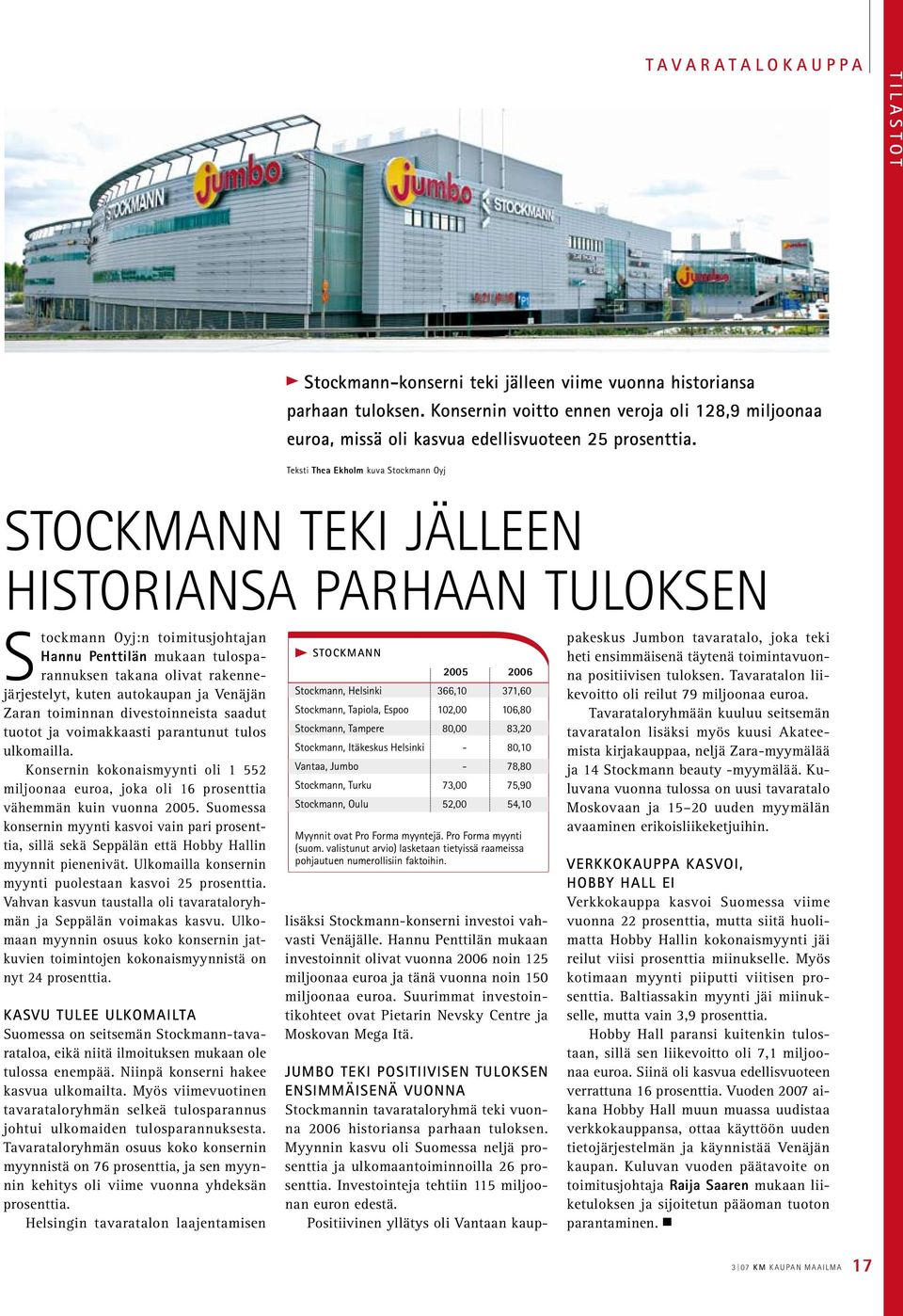 Teksti Thea Ekholm kuva Stockmann Oyj Stockmann teki jälleen historiansa parhaan tuloksen Stockmann Oyj:n toimitusjohtajan Hannu Penttilän mukaan tulosparannuksen takana olivat rakennejärjestelyt,