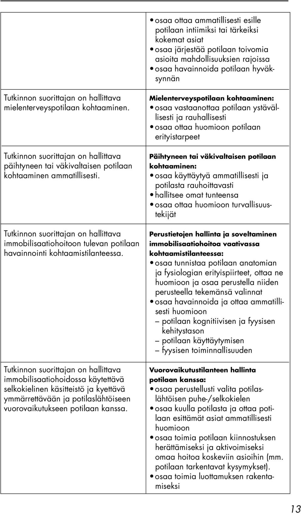 immobilisaatiohoidossa käytettävä selkokielinen käsitteistö ja kyettävä ymmärrettävään ja potilaslähtöiseen vuorovaikutukseen potilaan kanssa.