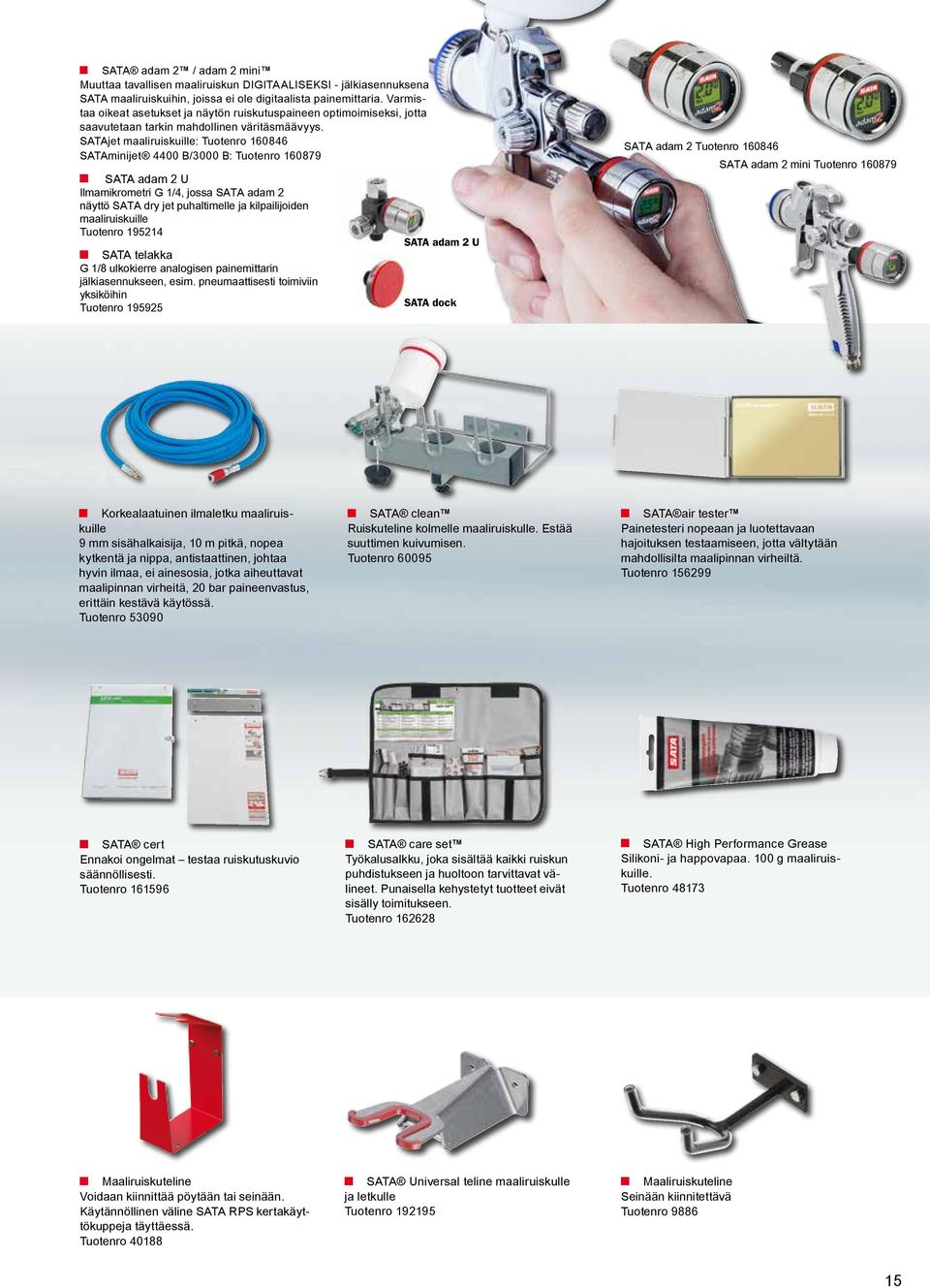 SATAjet maaliruiskuille: Tuotenro 160846 SATAminijet 4400 B/3000 B: Tuotenro 160879 J J SATA adam 2 U Ilmamikrometri G 1/4, jossa SATA adam 2 näyttö SATA dry jet puhaltimelle ja kilpailijoiden
