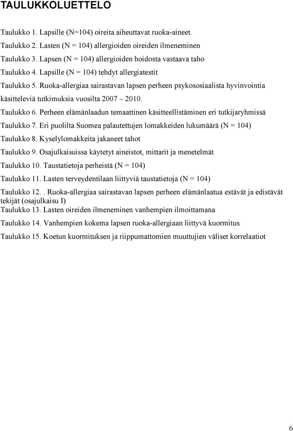 Ruoka-allergiaa sairastavan lapsen perheen psykososiaalista hyvinvointia käsitteleviä tutkimuksia vuosilta 2007 2010. Taulukko 6.