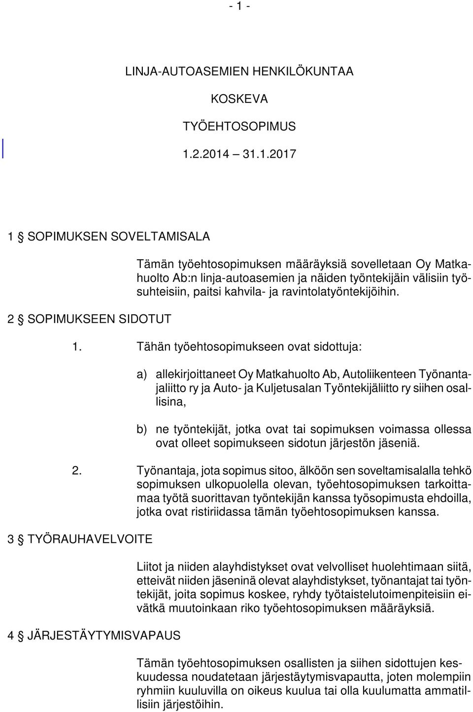 Tähän työehtosopimukseen ovat sidottuja: a) allekirjoittaneet Oy Matkahuolto Ab, Autoliikenteen Työnantajaliitto ry ja Auto- ja Kuljetusalan Työntekijäliitto ry siihen osallisina, b) ne työntekijät,