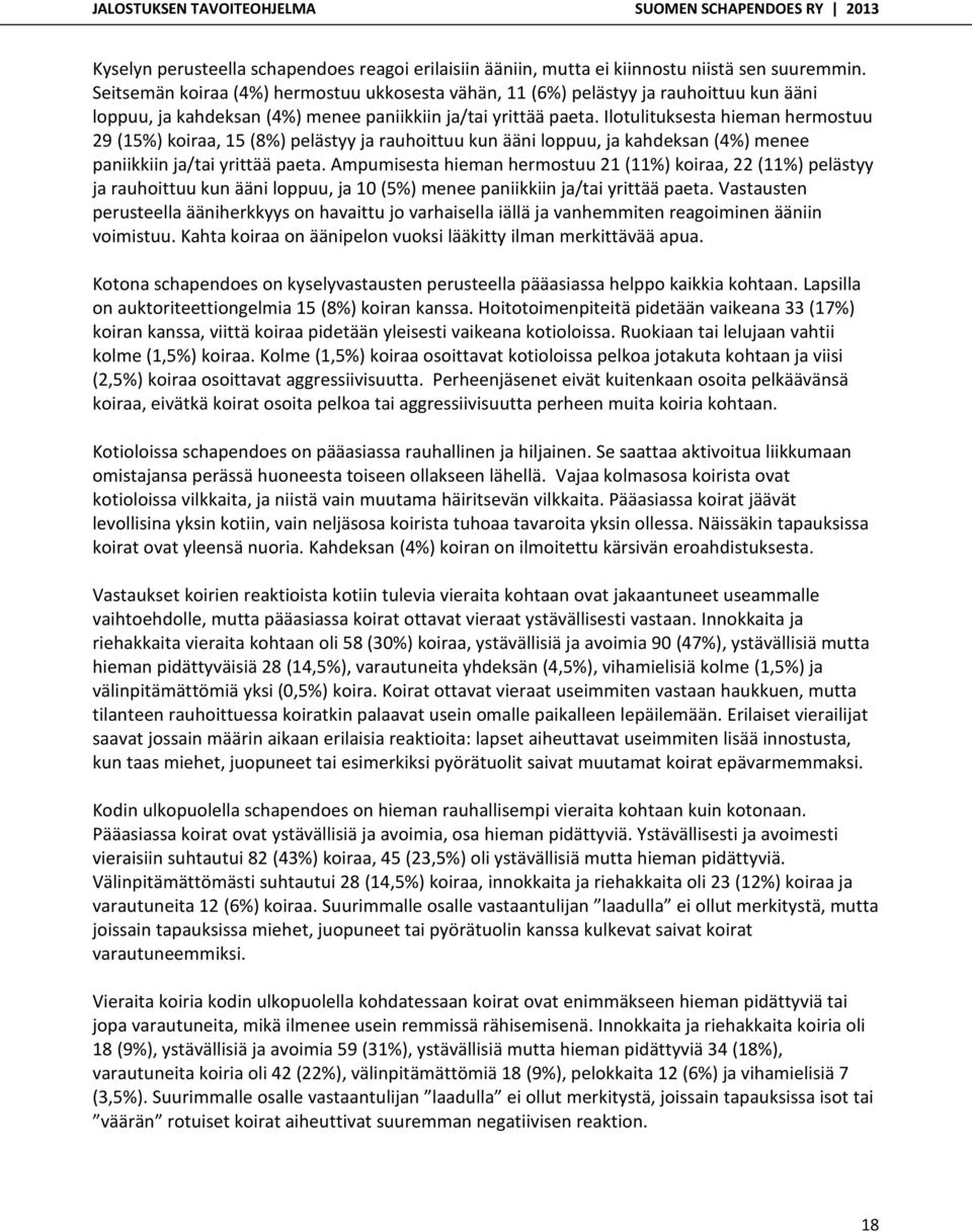 Ilotulituksesta hieman hermostuu 29 (5%) koiraa, 5 (8%) pelästyy ja rauhoittuu kun ääni loppuu, ja kahdeksan (4%) menee paniikkiin ja/tai yrittää paeta.