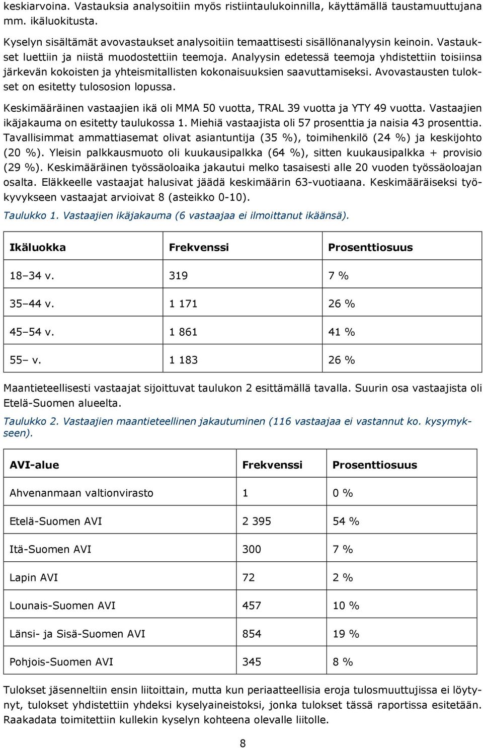 Avovastausten tulokset on esitetty tulososion lopussa. Keskimääräinen vastaajien ikä oli MMA 50 vuotta, TRAL 39 vuotta ja YTY 49 vuotta. Vastaajien ikäjakauma on esitetty taulukossa 1.