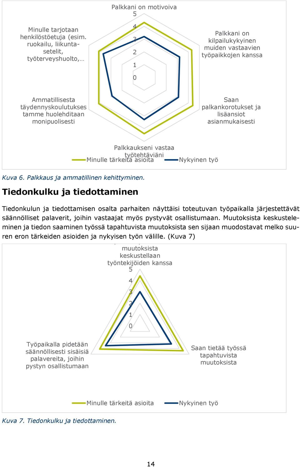 huolehditaan monipuolisesti Saan palkankorotukset ja lisäansiot asianmukaisesti Palkkaukseni vastaa työtehtäviäni Minulle tärkeitä asioita Nykyinen työ Kuva 6. Palkkaus ja ammatillinen kehittyminen.