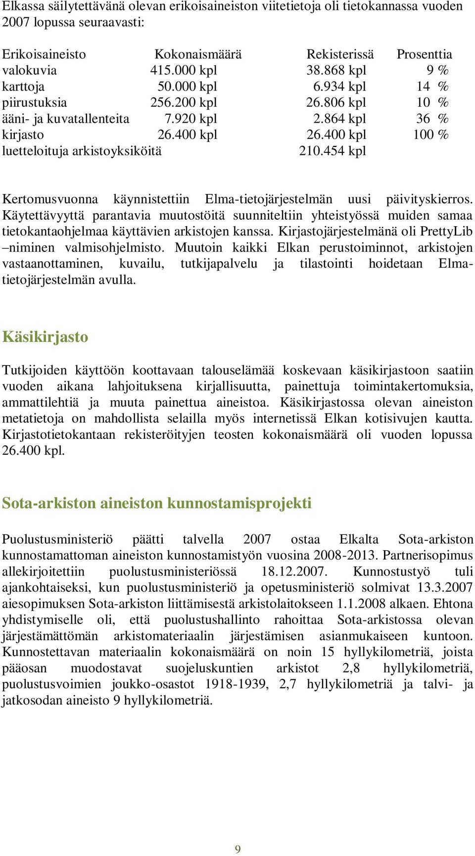 400 kpl 100 % luetteloituja arkistoyksiköitä 210.454 kpl Kertomusvuonna käynnistettiin Elma-tietojärjestelmän uusi päivityskierros.