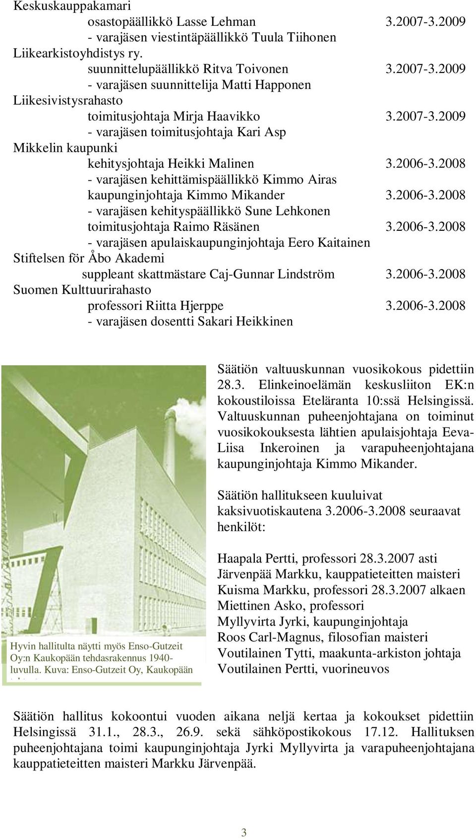 2006-3.2008 - varajäsen apulaiskaupunginjohtaja Eero Kaitainen Stiftelsen för Åbo Akademi suppleant skattmästare Caj-Gunnar Lindström 3.2006-3.2008 Suomen Kulttuurirahasto professori Riitta Hjerppe 3.