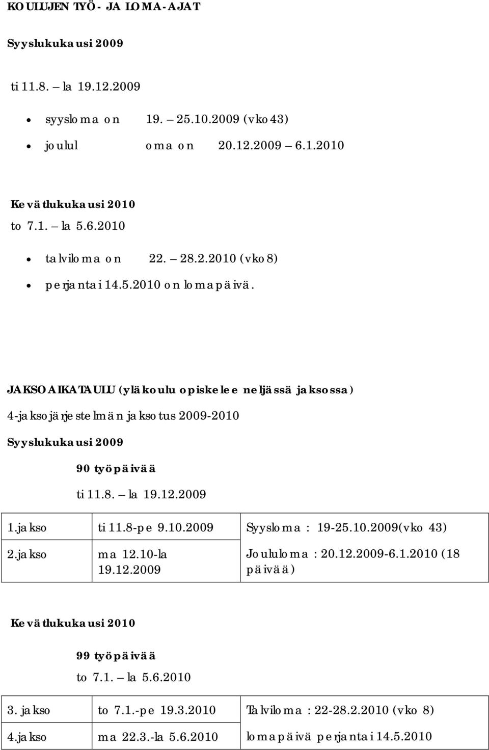 JAKSOAIKATAULU (yläkoulu opiskelee neljässä jaksossa) 4-jaksojärjestelmän jaksotus 2009-2010 Syyslukukausi 2009 90 työpäivää ti 11.8. la 19.12.2009 1.jakso ti 11.8-pe 9.10.2009 Syysloma : 19-25.