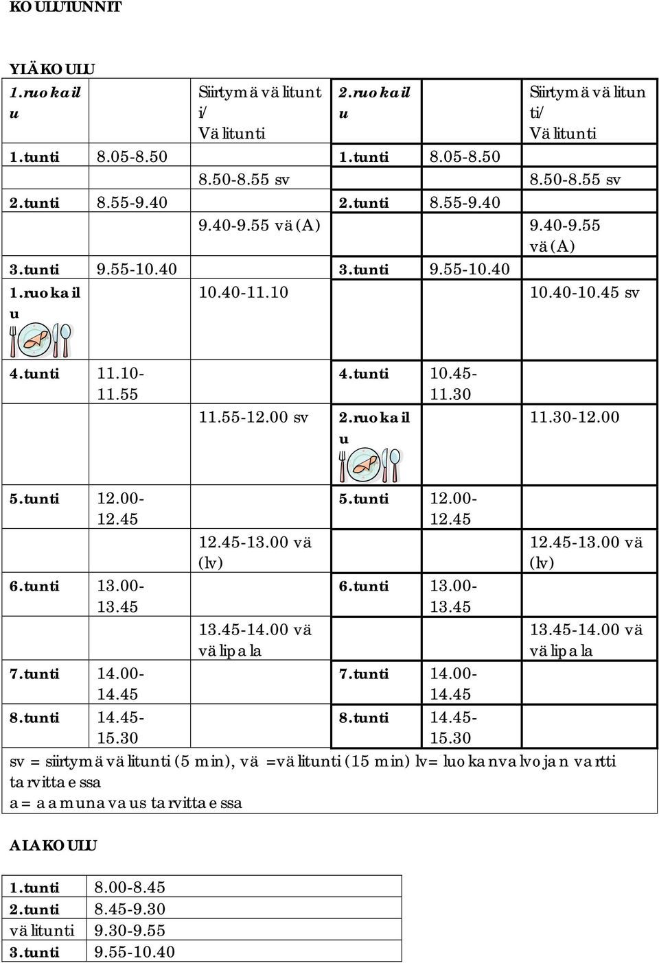 00-12.45 6.tunti 13.00-13.45 12.45-13.00 vä (lv) 13.45-14.00 vä välipala 5.tunti 12.00-12.45 6.tunti 13.00-13.45 12.45-13.00 vä (lv) 13.45-14.00 vä välipala 7.tunti 14.00-14.45 7.tunti 14.00-14.45 8.