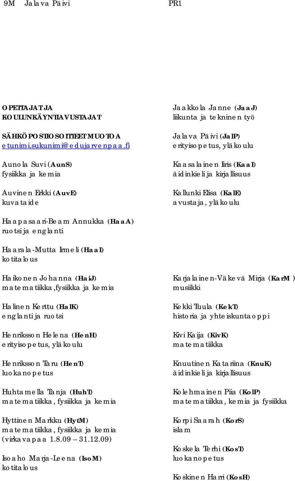 ja kirjallisuus Kallunki Elisa (KalE) avustaja, yläkoulu Haapasaari-Beam Annukka (HaaA) ruotsi ja englanti Haarala-Mutta Irmeli (HaaI) kotitalous Haikonen Johanna (HaiJ) matematiikka,fysiikka ja