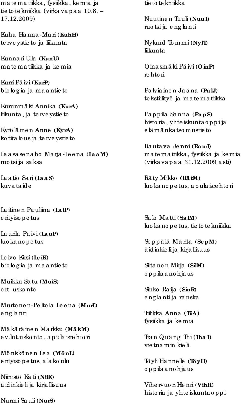 Anne (KyrA) kotitalous ja terveystieto Laasasenaho Marja-Leena (LaaM) ruotsi ja saksa Laatio Sari (LaaS) kuvataide tietotekniikka Nuutinen Tuuli (NuuT) ruotsi ja englanti Nylund Tommi (NylT) liikunta