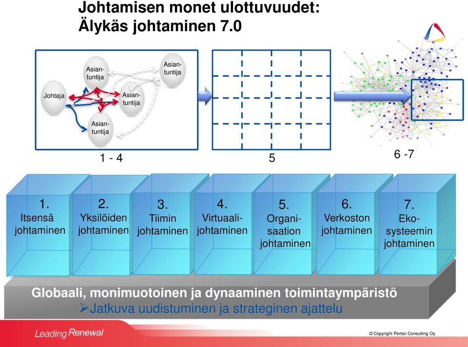 Itsensä 2. Yksilöiden 3. Tiimin 4. Virtuaali 5. Organisaation 6. Verkoston 7.